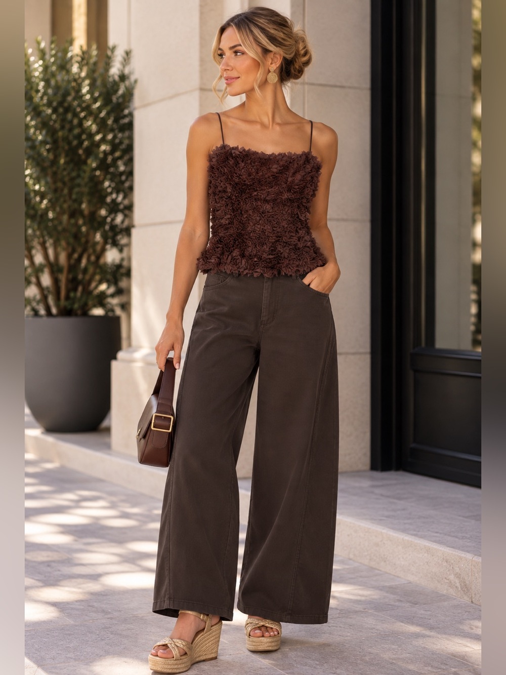 Zara Brown Textured Ruffle Spaghetti Strap Cami NWT